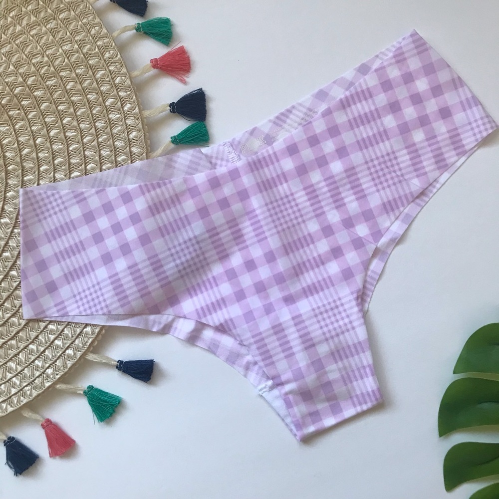Victoria’s Secret PINK No Show Cheekster Panty Purple Plaid Medium NEW